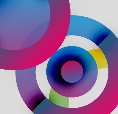 Soyut renkli daireler çakışıyor, dinamik görsel efekt yaratıyor. Parlak renkler harmanlanır, modern kompozisyonu oluşturur.