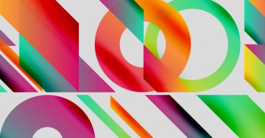 Abstract composition. Overlapping shapes, vibrant colors, gradients create dynamic visual experience. Modern design, geometric forms dominate.