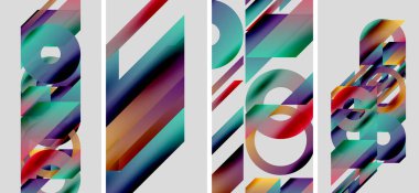 Soyut geometrik şekiller, canlı renkler, katmanlı tasarım. Modern sanat bileşimi, dijital illüstrasyon, temiz estetik.