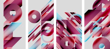 Abstract geometric composition. Four panels display overlapping shapes, colors blend, creating dynamic visual effect. Modern design.