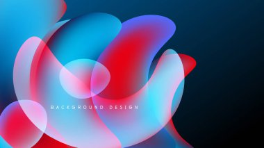Abstract fluid shapes overlap, creating vibrant color gradients. Blue, red, pink hues dominate dark background. Modern design element.