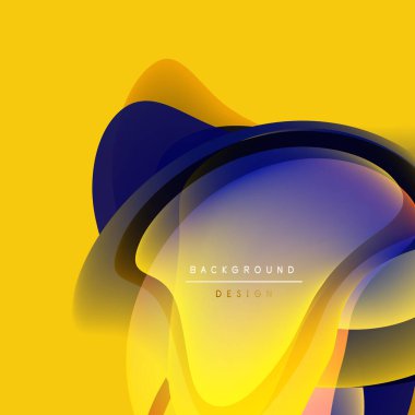 Soyut sıvı şekilleri örtüşür ve canlı renk değişimleri yaratır. Sarı arka planda baskın, mavi aksanlar mevcut. Modern tasarım ögesi.
