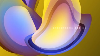 Abstract fluid shapes overlap, creating vibrant color gradients. Yellow, blue, purple hues dominate dark background. Modern design element.
