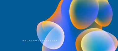 Abstract fluid shapes overlap, creating vibrant color gradients. Blue dominates background, orange, yellow accents present. Modern design element.