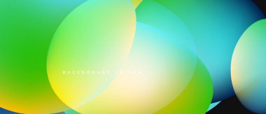 Abstract vibrant circles overlap, creating smooth color gradients. Green, yellow, blue hues dominate design. Modern, fluid aesthetic.