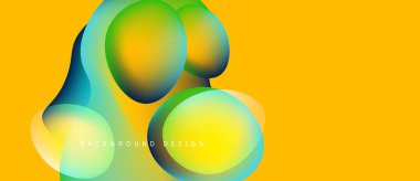 Abstract colorful shapes overlap yellow backdrop. Modern design elements create dynamic visual effect. Smooth gradients present vibrant composition.