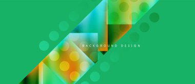 Abstract geometric shapes overlap vibrant green backdrop. Modern design features gradients, circles, text elements. Clean, dynamic composition.