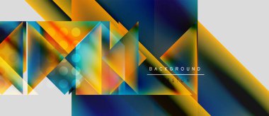 Abstract geometric shapes overlap, creating vibrant color gradients. Design features orange, blue, white hues. Modern aesthetic.