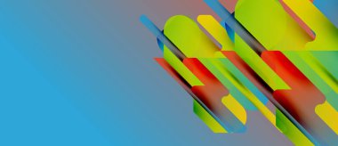 Abstract composition features vibrant rectangles, gradients. Blue dominates left side, shifting toward colorful shapes right. Modern design.