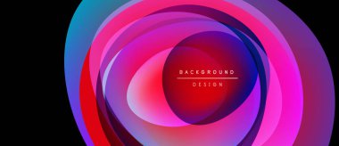Abstract vibrant layers create flowing oval shape. Pink, blue, purple hues blend, forming dynamic background design. Modern, colorful.