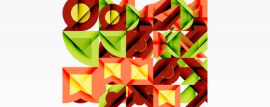 Soyut geometrik şekiller, canlı renkler, üst üste binen formlar karmaşık desenler oluşturur. Kırmızı, yeşil, turuncu renkler kompozisyona hakim..