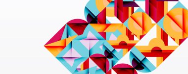 Soyut geometrik şekiller canlı ve renkli kompozisyon oluşturur. Açısal biçimler kesişiyor, dinamik görsel doku oluşturuyor. Modern tasarım.