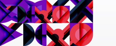 Soyut geometrik bileşim. Kalın renkler, keskin açılar, üst üste binen şekiller dinamik görsel desenler oluşturur. Modern tasarım elemanları.