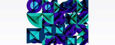 Soyut geometrik bileşim. Mavi, deniz mavisi şekilleri birbirine kenetlenerek karmaşık desenler oluşturuyor. Modern dijital sanat, canlı renkler, katmanlı tasarım.