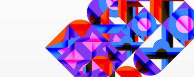 Soyut geometrik bileşim. Şekiller örtüşüyor, canlı renk kalıpları yaratıyor. Mavi, mor, kırmızı baskın tasarım. Modern estetik.