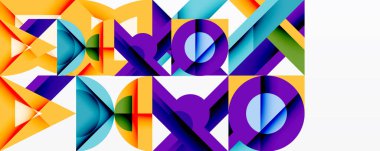 Soyut geometrik bileşim. Parlak renkler, keskin açılar, tekrarlayan desenler dinamik görsel efekt yaratır. Modern tasarım elemanları.