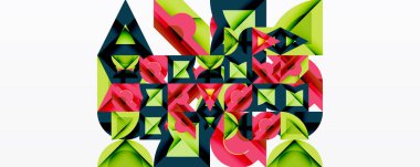 Soyut geometrik bileşim. Üst üste binen üçgenler karmaşık desenler oluşturur, yeşil, pembe, siyah renkler kullanarak. Modern tasarım ögesi.
