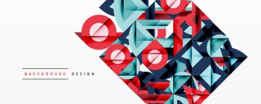 Soyut geometrik şekiller örtüşür, dinamik renkli desenler yaratır. Kırmızı, mavi, deniz mavisi egemen bileşimi. Minimalist tasarım unsurları.