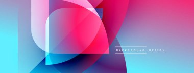 Soyut geometrik şekiller örtüşüyor, canlı renk eğimleri yaratıyor. Modern tasarım elementleri dinamik bileşimi önerir.