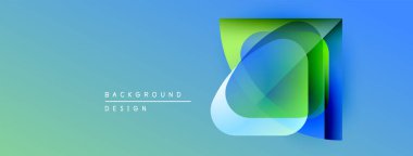 Soyut geometrik şekiller örtüşüyor, canlı renk eğimleri yaratıyor. Mavi, yeşil renkler arka plan tasarımında baskın. Modern estetik.