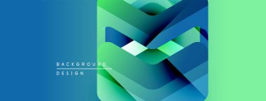 Soyut geometrik tasarım. Mavi, yeşil gradyanlar katmanlı şekiller yaratır. Metin arka plan tasarımı okur. Modern, canlı görsel kompozisyon.
