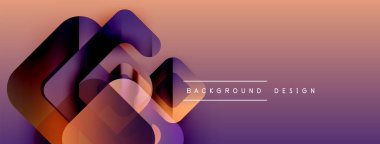 Soyut geometrik şekiller örtüşür, dinamik görsel efekt yaratır. Renkler turuncudan mora karışır. Modern tasarım ögesi.