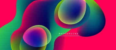 Soyut enerjik tasarım. Üst üste binen renkli şekiller akışkan ve modern estetik yapılar yaratır. Pembe, yeşil, mor renkler baskın kompozisyon.