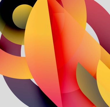 Soyut kompozisyon. Üst üste binen şekiller canlı renk değişimleri yaratır. Sıcaklık tonları baskın gelir, ipuçları mor ve altındır. Modern tasarım.