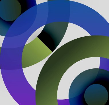 Soyut kompozisyon. Üst üste binen daireler dinamik görsel efekt yaratır. Renkler karışıyor, ilginç desenler oluşturuyor. Modern tasarım.