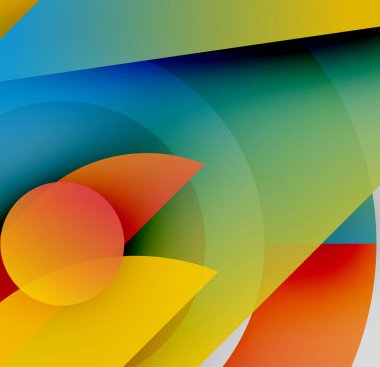 Üst üste binen renkli daireler, kıvrımlar ve eğriler içeren soyut bir kompozisyon. Modern tasarım, canlı renkler dinamik görsel efekt yaratır.