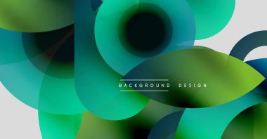 Soyut sıvı şekiller, canlı yeşiller, maviler modern arka plan yaratır. Üst üste binen daireler, gradyanlar dinamik görsel efekt sunar.