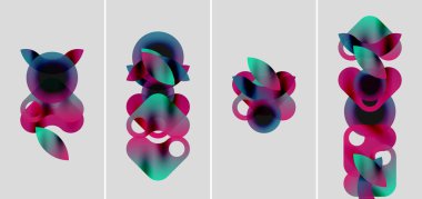 Soyut şekiller, canlı renkler, katmanlı tasarım. Dört panelde akış biçimleri, gradyanlar, modern estetik. Minimalist kompozisyon, yumuşak renkler.