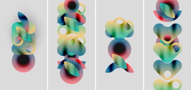 Dikey olarak düzenlenmiş soyut renkli şekiller. Yumuşak gradyanlar mavileri, yeşilleri, sarıları, kırmızıları harmanlarlar. Minimalist tasarım, temiz arkaplan.