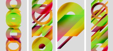 Soyut sanat eserlerinde üst üste binen renkli daireler, dikdörtgenler var. Paneller canlı gradyanları, modern tasarım elementlerini gösterir.