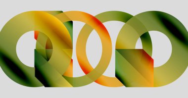 Birbirine kenetlenmiş renkli halkalar soyut bileşim oluşturur. Gradyan gölgeler harmanlanır, dinamik görsel desen oluşturur. Minimalist tasarım, modern estetik.