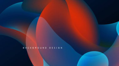 Soyut sıvı şekilleri örtüşür ve canlı renk değişimleri yaratır. Kırmızı, mavi, turuncu renkler koyu arkaplana hakim. Modern tasarım ögesi.
