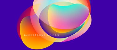 Soyut sıvı şekilleri örtüşür, canlı renkler harmanlanır. Mor arkaplan dinamik bileşimi ve modern tasarım ögesini geliştirir.