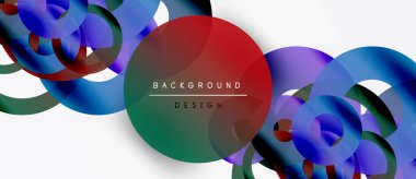 Soyut daireler örtüşüyor, canlı renk eğimleri yaratıyor. Beyaz alan zıtlık sağlar. Metin arka plan tasarımı okur. Modern, dinamik kompozisyon.