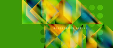 Soyut geometrik şekiller örtüşür, canlı renkli tasarım yaratır. Yeşil arkaplan karşıtlık ve modern estetik sağlar.