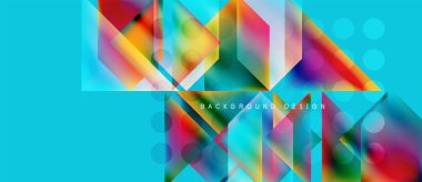 Soyut geometrik şekiller örtüşür, canlı renkli tasarım yaratır. Turkuaz arka plan dinamik bileşimi tamamlar. Modern estetik.