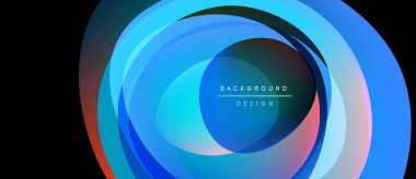 Soyut katmanlar canlı dairesel tasarım yaratır. Mavi, mor renkler baskın, derinlik ve hareket var. Metin arkaplan tasarımı okur.