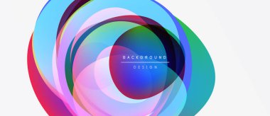 Abstract colorful layers create dynamic circular design. Bright hues blend, forming modern background element. Text reads background design.