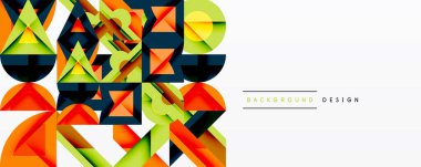 Soyut geometrik şekiller, canlı renkler, modern tasarım. Bileşim üçgenler, kareler, üst üste binen elementler içerir. Temiz beyaz boşluk mevcut.