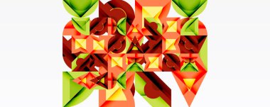 Soyut geometrik şekiller örtüşür ve canlı bir bileşim yaratır. Kırmızı, yeşil, turuncu renkler tasarımda baskın. Modern, dinamik görsel.