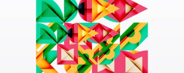 Soyut geometrik şekiller, canlı renkler, dinamik bileşim. Üçgenler birbirine kenetlenir karmaşık desen oluşturur, modern tasarım estetik.