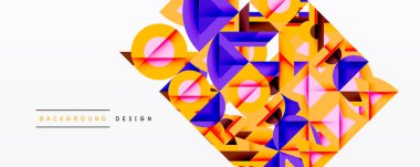 Soyut geometrik şekiller örtüşür, canlı renkli tasarım yaratır. Turuncu, mor, pembe baskın kompozisyon. Modern estetik.