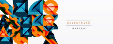 Soyut geometrik şekiller, canlı renkler, modern tasarım. Kompozisyonda üst üste binen üçgenler, kareler, turuncu aksanlar var. Temiz beyaz boşluk mevcut.