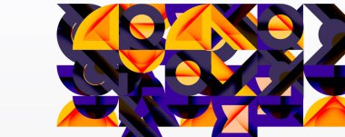 Soyut geometrik bileşim. Şekiller örtüşüyor, canlı desenler yaratıyor. Turuncu, mor, siyah baskın tasarım. Modern estetik.