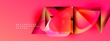 Soyut dizayn özellikleri üst üste binen şekiller, canlı pembeler, kırmızılar. Modern estetik, dinamik bileşim, gradyan etkisi.