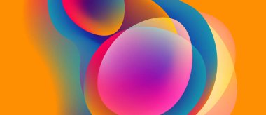 Soyut sıvı şekilleri örtüşür, canlı renk karışımları yaratır. Turuncu arkaplan karşıtlık sağlar, düz gradyanlar baskın bileşim.